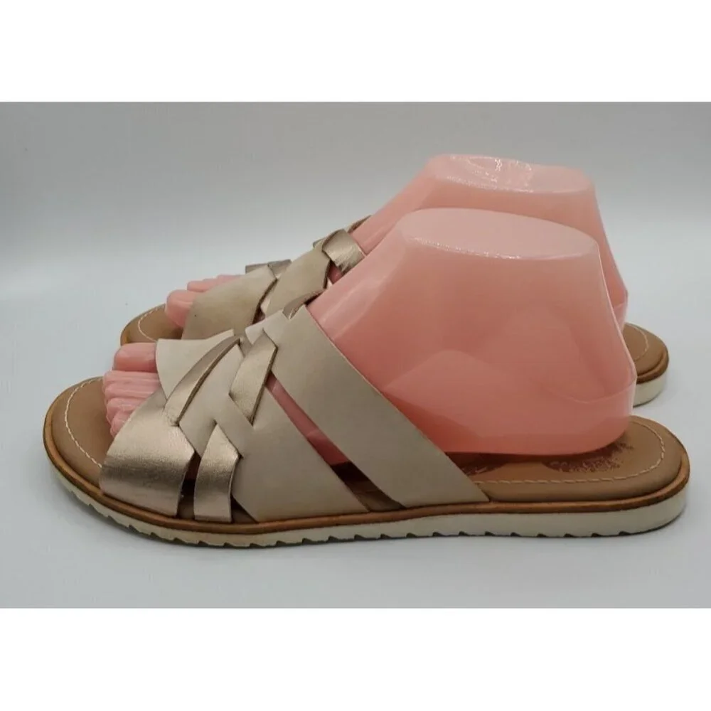 Sorel Ella Women Slide Natural Tan Gold Leather Sz 9 Strappy Criss Cross Straps